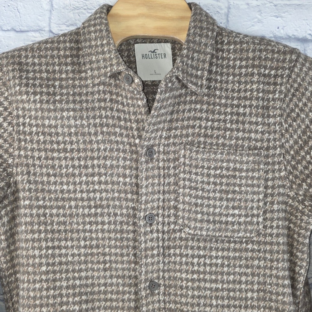 Hollister Mens Brown Houndstooth Flannel Button Heavy Shirt Jacket Pockets Large
